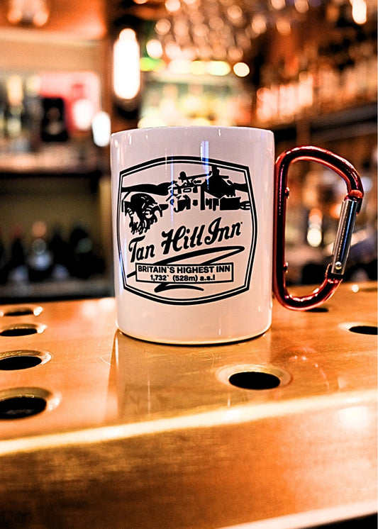 Carabiner White Mug - Tan Hill Mug with Badge