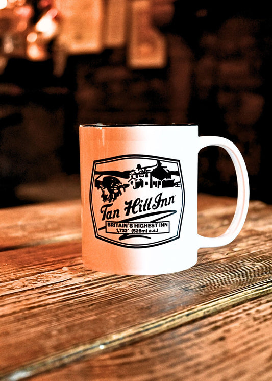 Ceramic White Mug Black Inner with Tan Hill Badge