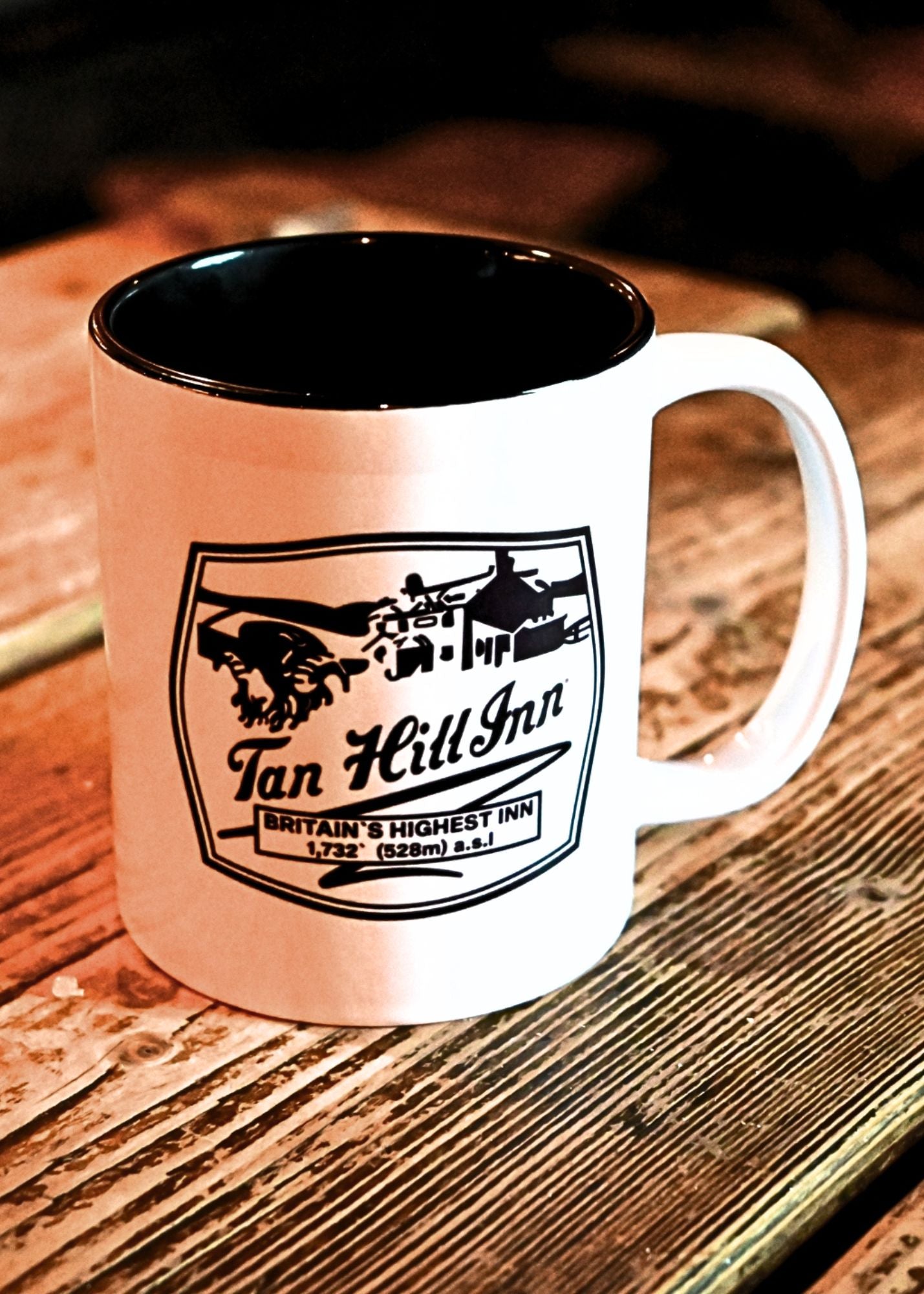 Ceramic White Mug Black Inner with Tan Hill Badge