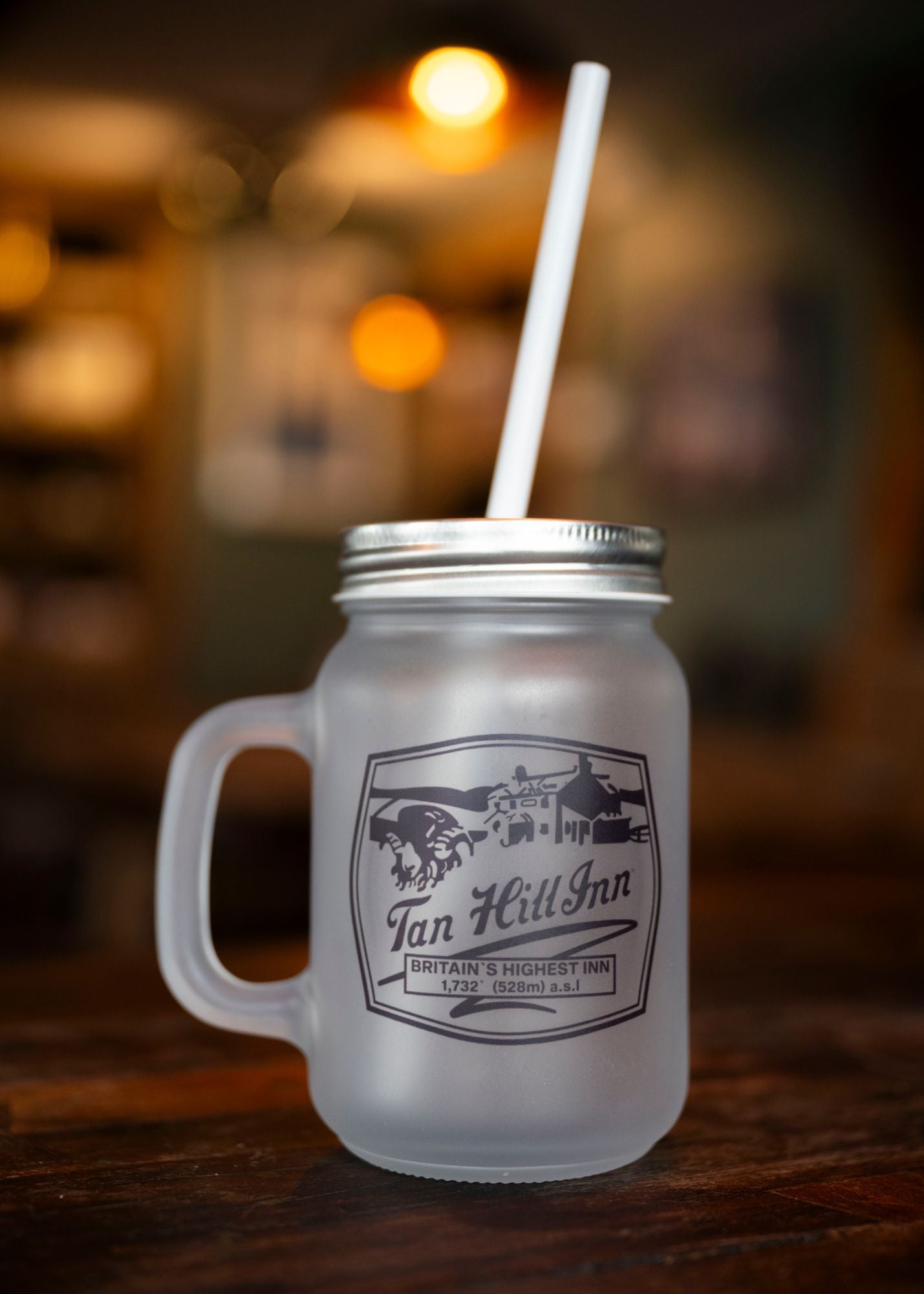 Glass Mason Jar - Frosted with Handle and Straw