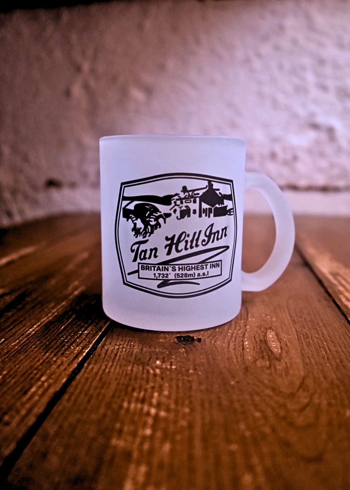 Glass Mug Frosted with Tan Hill Badge